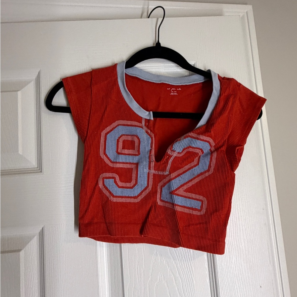 Urban Outfitters Red Ribbed Crop Top with Light Blue Trim and '92' Graphic